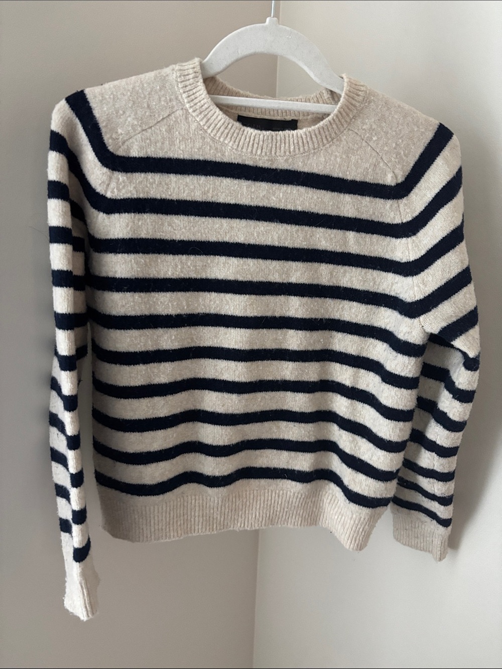 Zara Cream and Navy Striped Crewneck Sweater Size XS